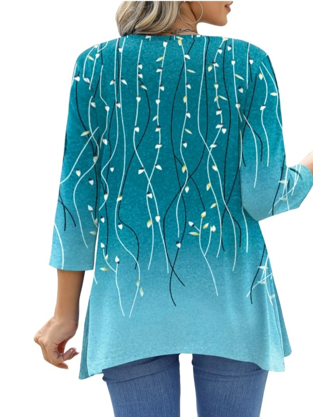 Teal Floral Vine 3/4-Sleeve Women's Top- Plus Sizes - Picture 4 of 7